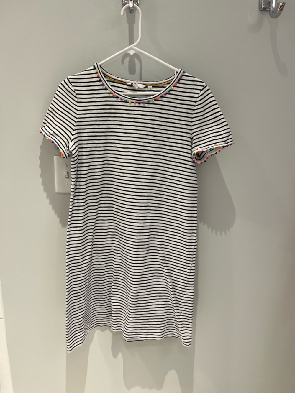 Boden Black & White Striped Dress with Rainbow Pom Trim